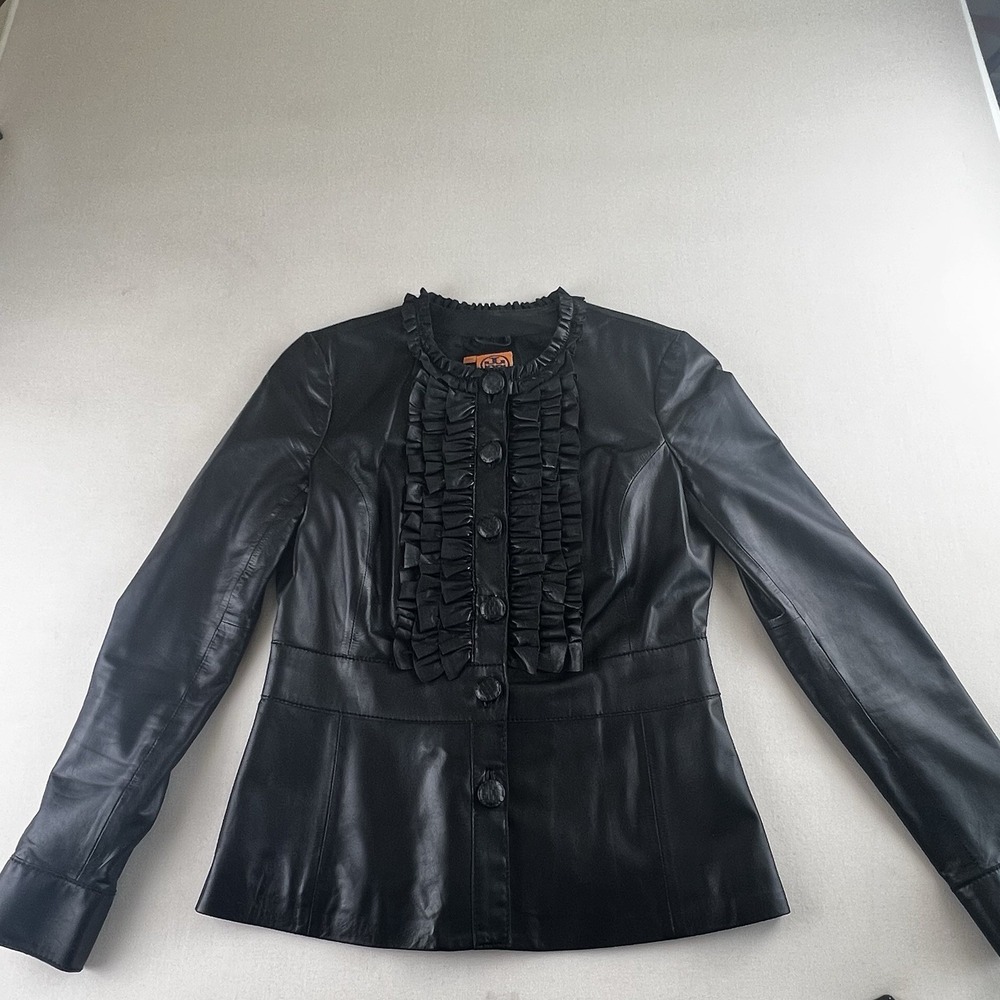 Tory Burch Black Lamb Leather Size 4 Ruffle Accents Sleek Fitted Jacket Womens